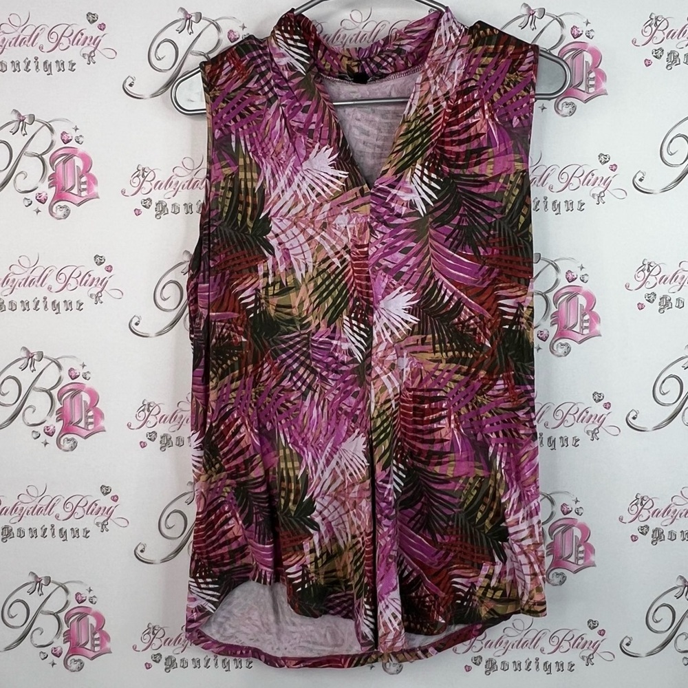 Cable & Gauge tank top tropical leafs Pink and Purple Sleeveless Blouse